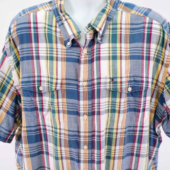 Tommy Hilfiger Plaid Short Sleeve Plaid Button Down 2XL Blue White Green Yellow - Picture 3 of 11